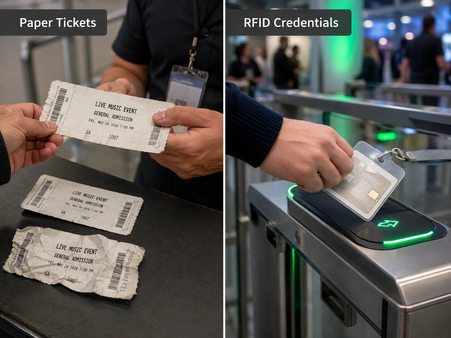 Comparison between vulnerable paper tickets and secure embedded RFID chip event credentials Comparison between vulnerable paper tickets and secure embedded RFID chip event credentials