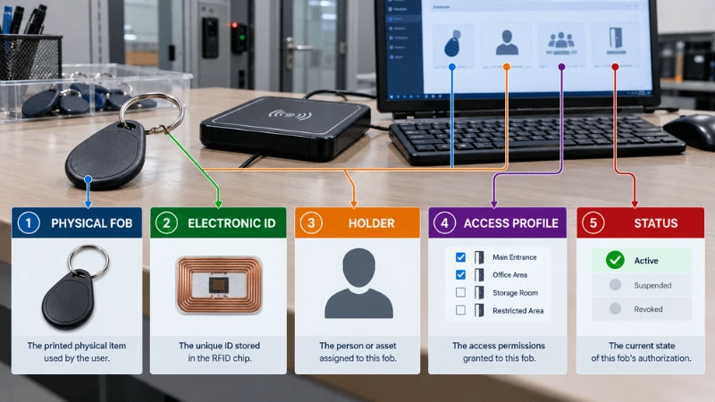 RFID key fob operations model separating physical stock, electronic credential, holder, access profile and lifecycle status. RFID key fob operations model separating physical stock, electronic credential, holder, access profile and lifecycle status.